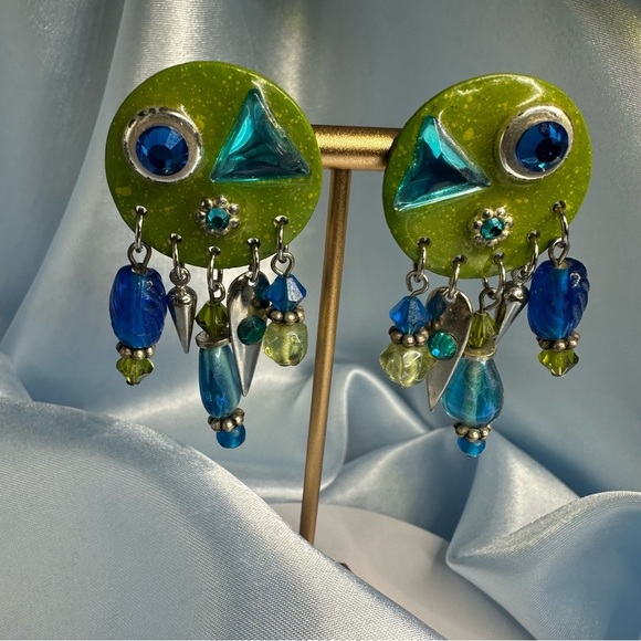 Whimsical Green & Blue Dangle Statement Earrings – Mixed Media Art Jewelry - Picture 5 of 10